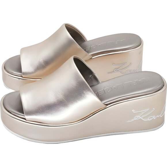 Karl Lagerfeld Calvina Slide Wedge Sandal White Gold Women's US 8M - Picture 2 of 6
